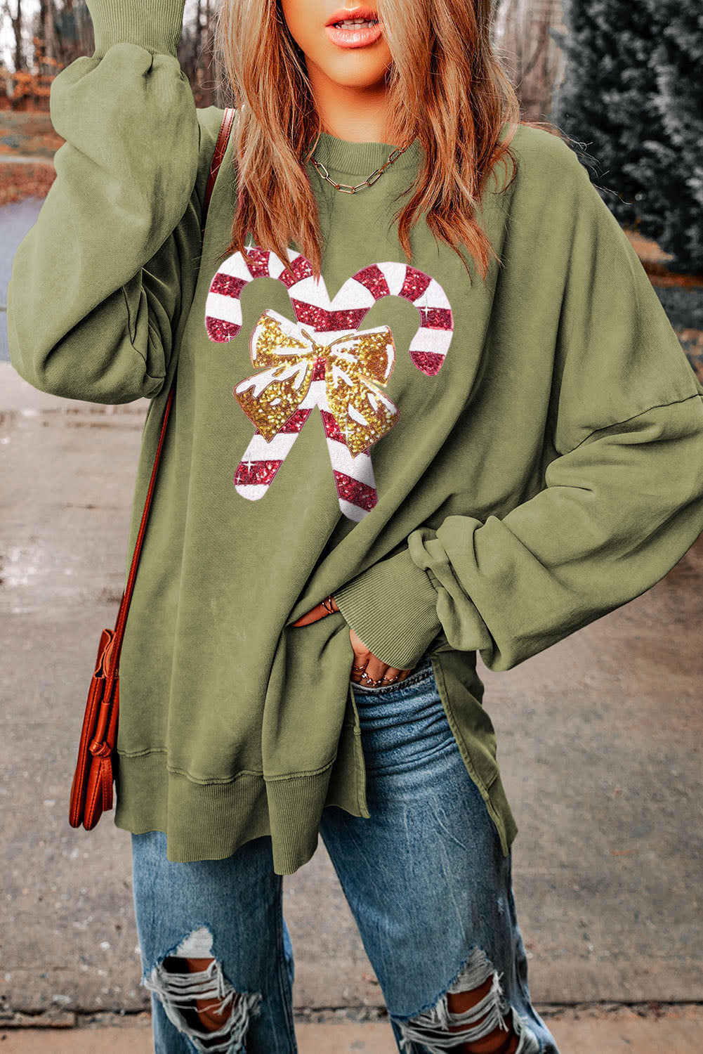 Sequin Candy Cane Round Neck Slit Sweatshirt