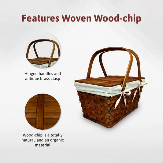 Brown Woodchip Picnic Basket with Wooden Lid