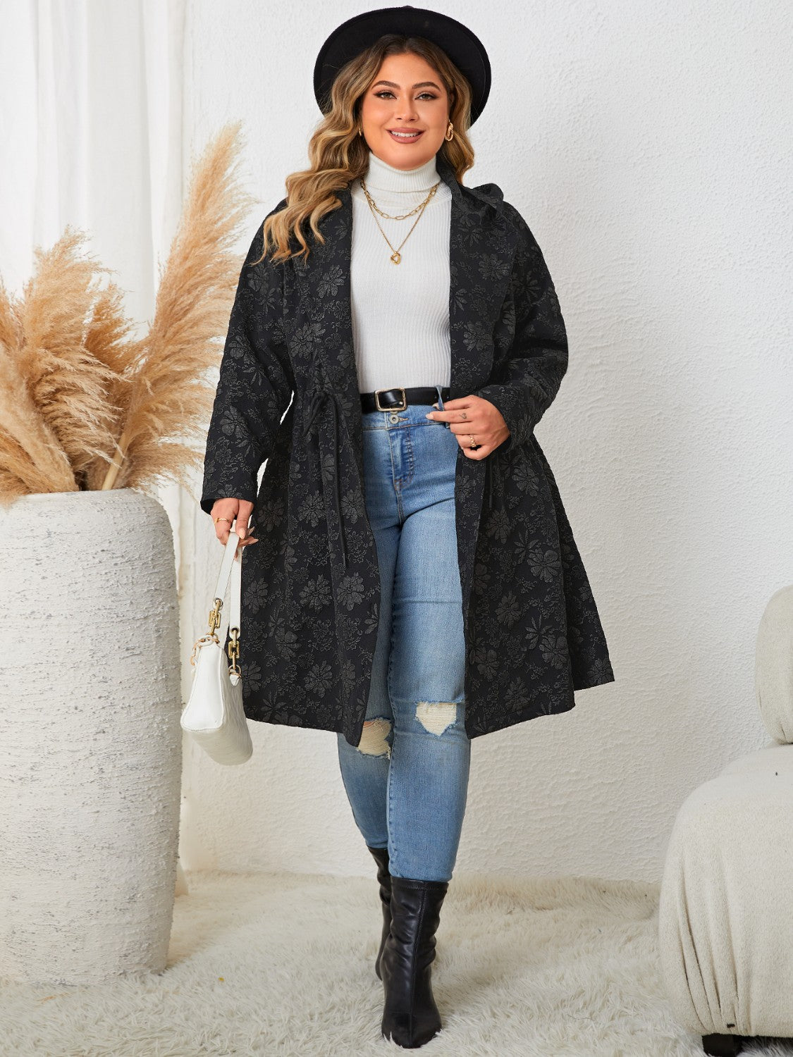 Plus Size Long Sleeve Hooded Trench Coat